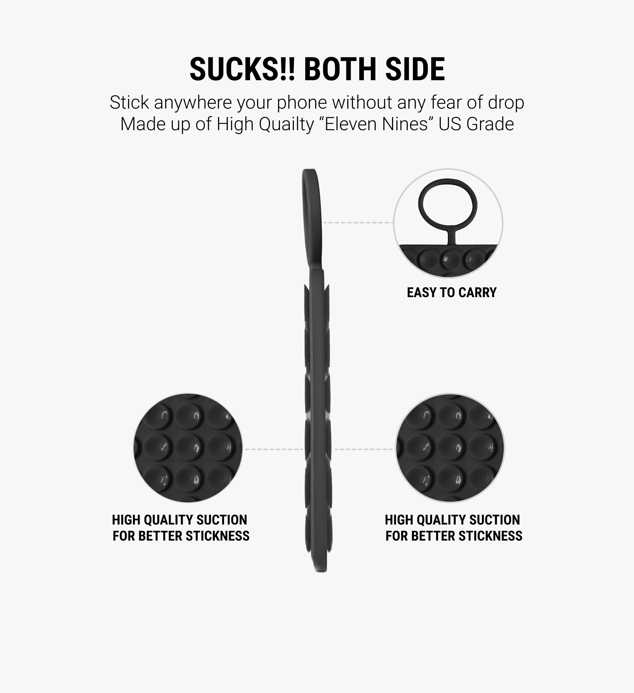 Double-Sided with Ring Silicone Suction Cup Phone Holder - Black